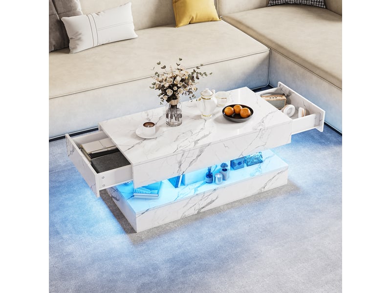  Table basse marbre blanc –table basse rectangulaire  - éclairage led  – rangement double – 100×50×45 cm  - Conforama E