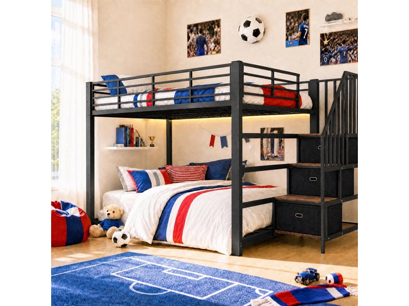  Lit superposé adulte 140x200 cm avec escalier réversible et rangement, métal noir et mdf, bande led et ports usb  - Conforama R