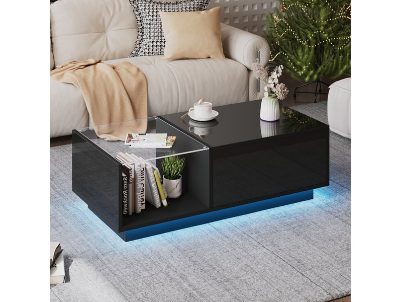 Table basse led relevable 100 x 50 cm avec rangement et 2 tiroirs, noire - Conforama E