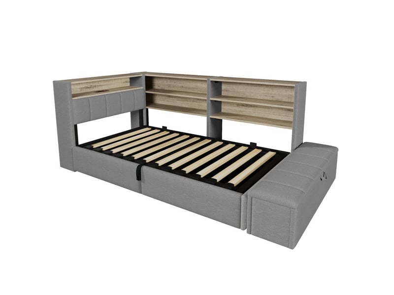  Canapé-lit, 90 x 200 cm, mécanisme hydraulique, élément de rangement latéral, avec bande lumineuse led, velours, gris  - Conforama A