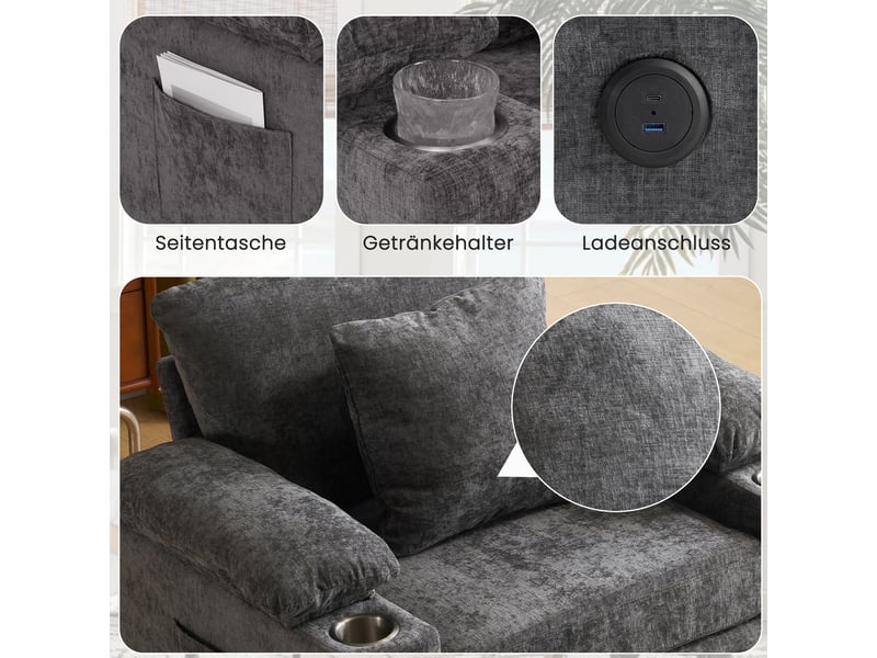  Fauteuil gris foncé en chenille avec pouf, 98 × 148 × 83 cm, rangements dissimulés, port usb et poches latérales  - Conforama E