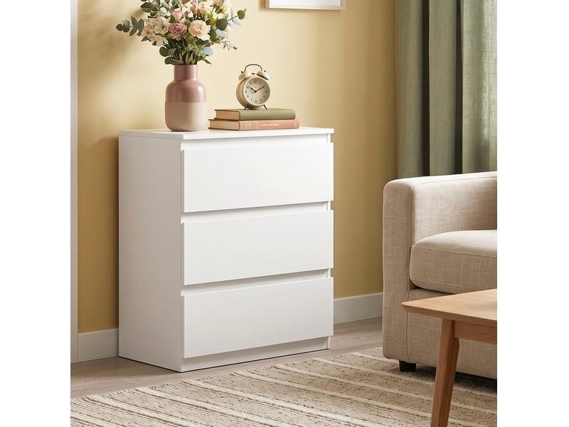  Commode blanche à 3 tiroirs sans poignées, 55 x 34 x 75 cm, finition mélaminée  - Conforama E