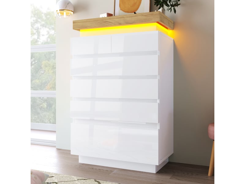 Commode 6 tiroirs 73x39x115 cm avec éclairage led, meuble de rangement finition brillante en mdf et panneaux de particules - blanc - Conforama E