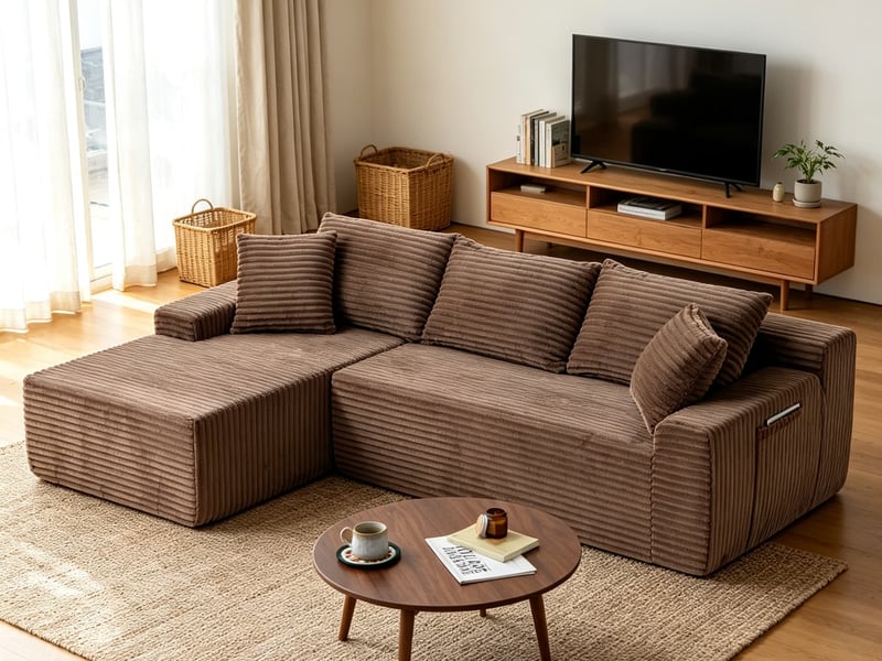  Canapé d’angle, velours côtelé, compact rembourré mousse, gauche, salonchambre, 79x239x156 cm, marron  - Conforama B