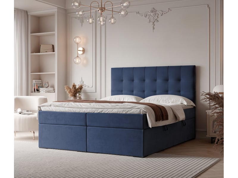  Lit adulte imperial - 160x200 cm - matelas ressorts + surmatelas - coffre de rangement - velours dense hydrofuge bleu marine IMPERIAL - Conforama B