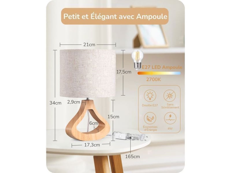  Lampe de chevet design scandinave t24019 beige lin chene clair e27 led 2700k 370618_AAAYP05868_6_DROPFR - Conforama C