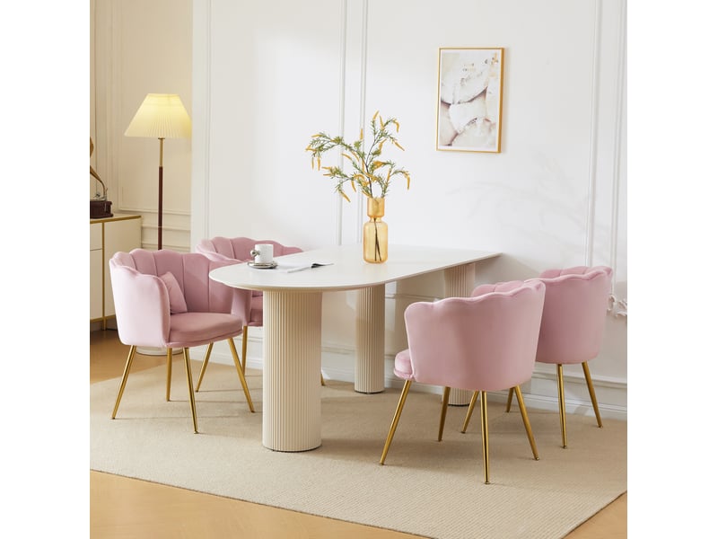 Lot de 4 fauteuils design 63x58x77 cm, dossier pétale, coussin papillon, pieds en métal doré, velours rose  - Conforama D