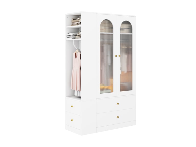  Armoire de chambre blanche 120x50x200 cm avec 4 tiroirs, 2 portes en verre cannelé et 2 penderies, rangement modulable en mdf  - Conforama W