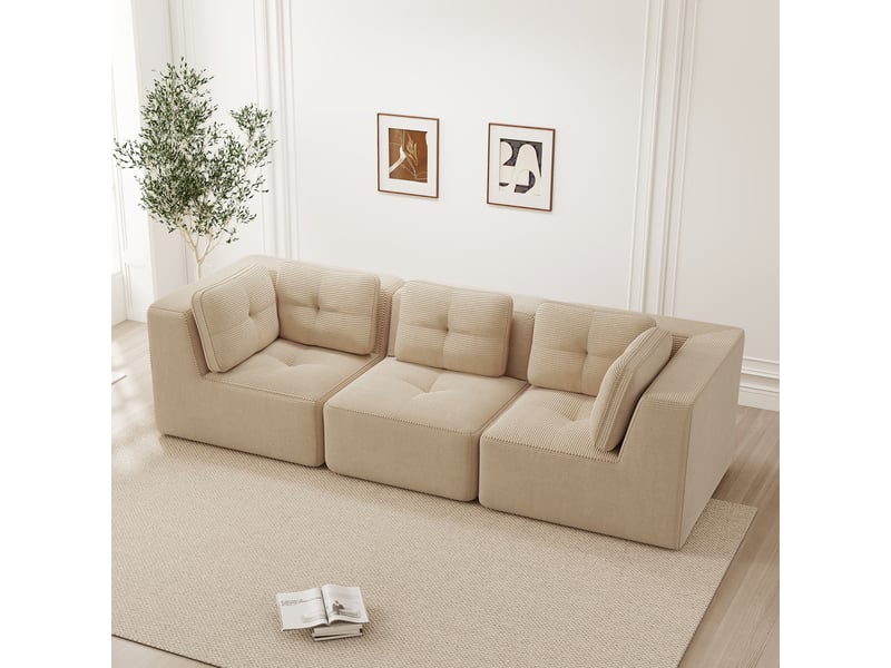 Canapé droit modulable 3 places velours côtelé beige – 297 x 104 x 69 cm Fay Lum - Conforama W