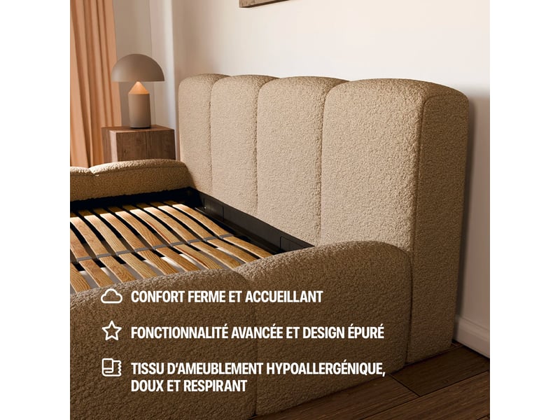  Lit coffre équinox taupe drimz - 140x190cm - tissu bouclé Équinox - Conforama E