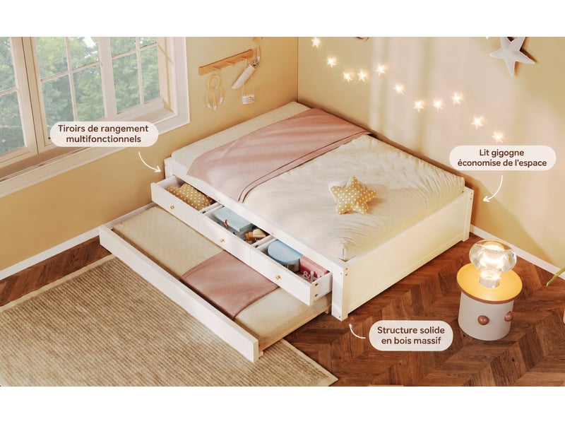  Lit gigogne blanc en bois avec 3 tiroirs et lit d’appoint, structure en mdf et pin, couchage 90 x 200 cm  - Conforama E