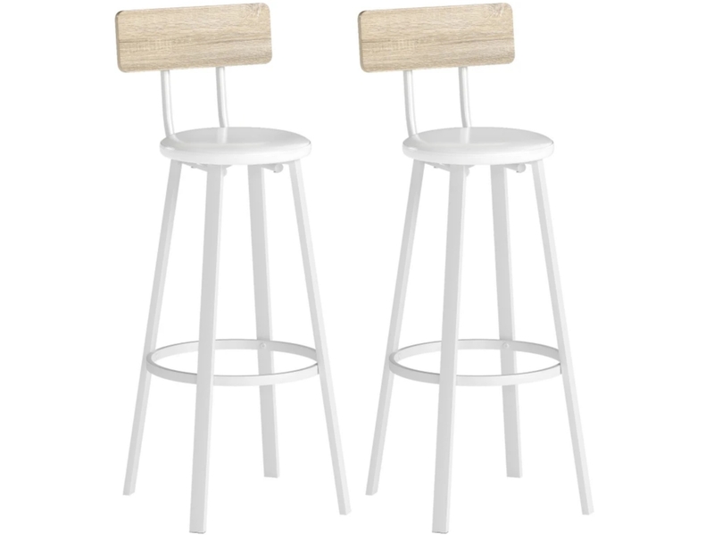 Lot de 2 tabourets de bar avec dossier et repose-pieds, assise à 75,5 cm, blanc et bois naturel - Conforama A