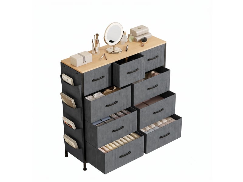 Commode 98.8x30x100cm - meuble de rangement en tissu avec 9 tiroirs, poches et crochets latéraux - gris - Conforama B