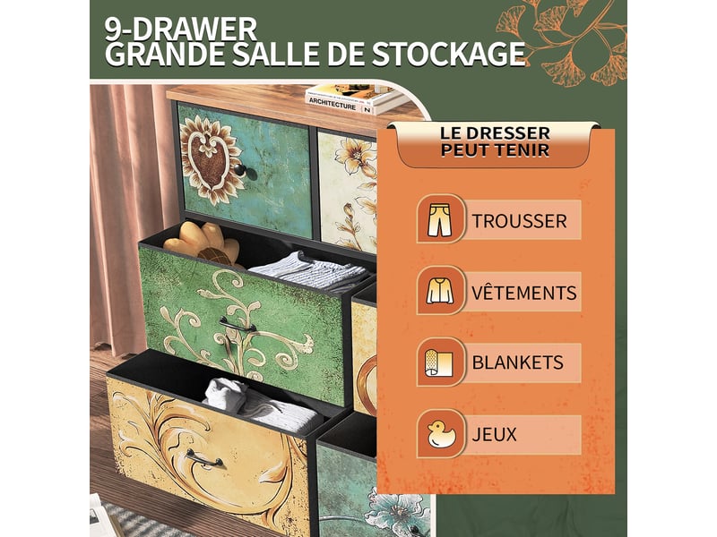  Commode 7 tiroirs, commode de rangement, tissu floral,structure en métal,pour salon, chambre, style bohème,100 x 30 x 78 cm  - Conforama W