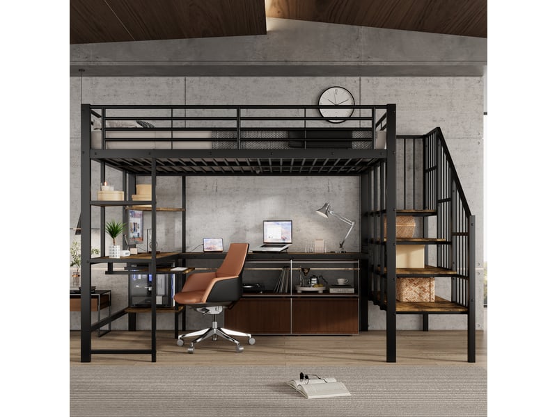 Lit mezzanine 120x200 cm, structure en métal et bois, coloris noir, rangements intégrés, bureau intégré, escalier sécurisé, sommier à lattes inclus - Conforama D
