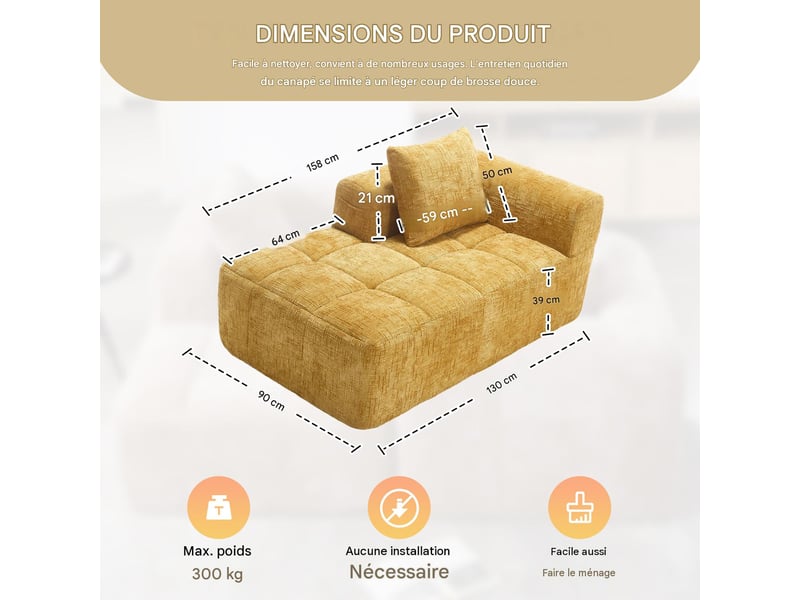  Méridienne 1 place en tissu chenille jaune avec coussin et poches latérales W2845P279856 - Conforama C