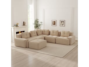 Grand canapé panoramique modulable velours côtelé beige – 295 x 295 x 69 cm