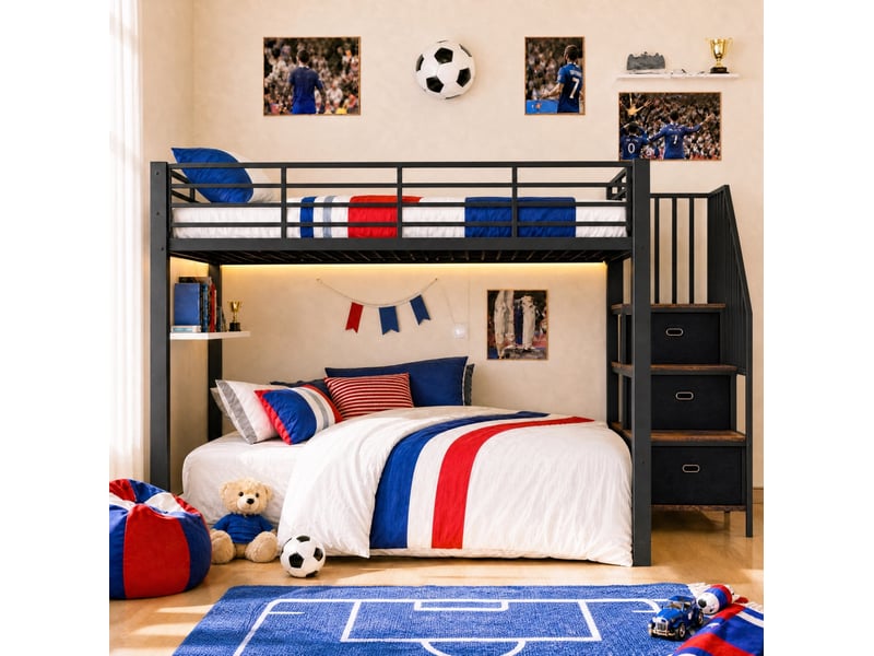  Lit superposé modenvie adulte 140 x 200 cm avec escalier de rangement led prises usb noir  - Conforama B