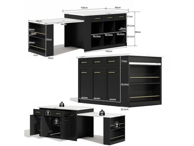  Îlot de cuisine fixe avec table escamotable coulissante, 6 tiroirs et 3 portes en mdf noir et blanc 150 × 90 × 90 cm  - Conforama C