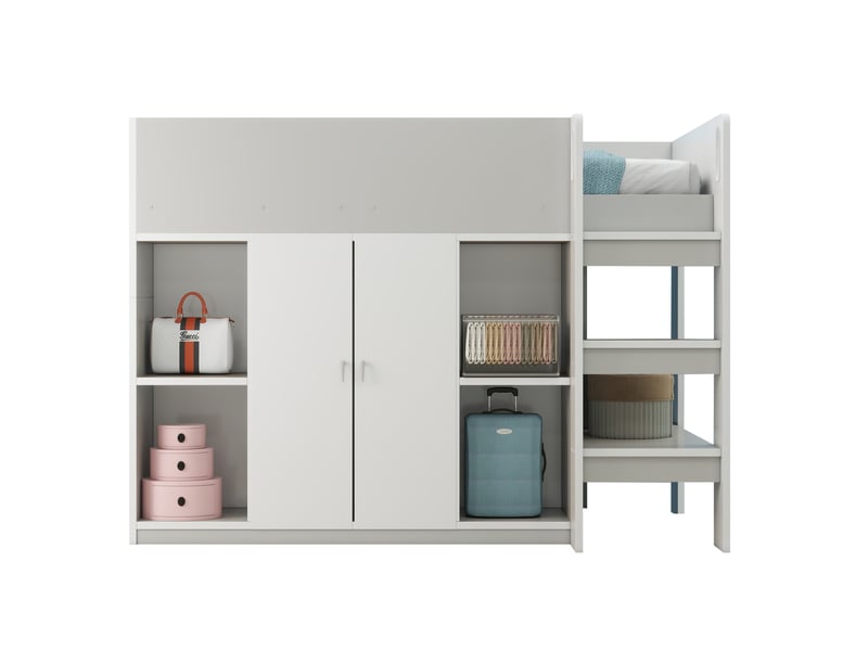 Lit mezzanine avec armoire et rangements, bois gris, 90x200 cm, échelle et étagères intégrées - Conforama D