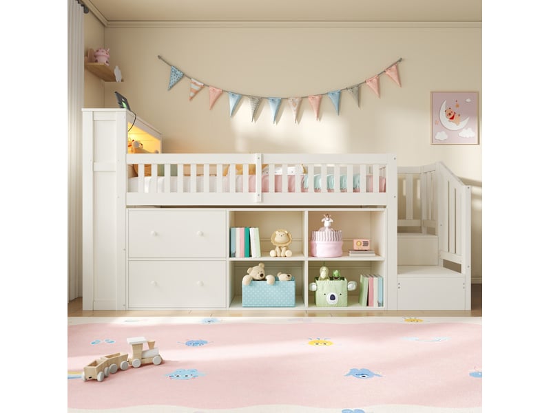  Lit mezzanine 90x200 cm avec led, rangements et tiroirs, coloris blanc  - Conforama B