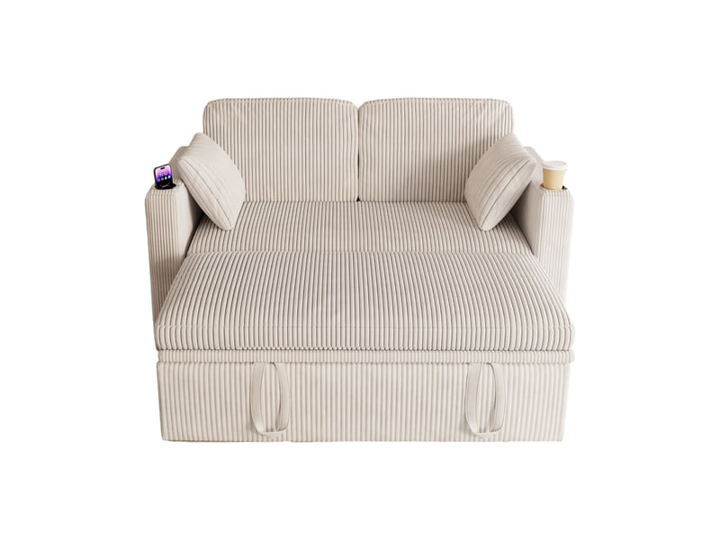  Canapé convertible 2 places avec dossier réglable, porte-gobelets et usb en velours côtelé blanc 145 × 72 × 85,5 cm  - Conforama A