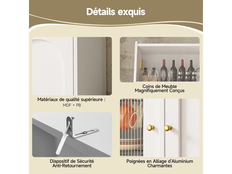 Buffet de cuisine blanc 120x180cm, meuble haut avec portes vitrées coulissantes et 2 tiroirs, étagères réglables pour rangement cuisine moderne  - Conforama E