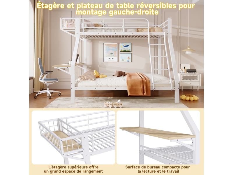 Lit superposé - 90x200 cm - 140x200 cm - bureau intégré - échelle - barrières de sécurité - rangements intégrés - lit enfant - blanc CozyNest - Conforama E