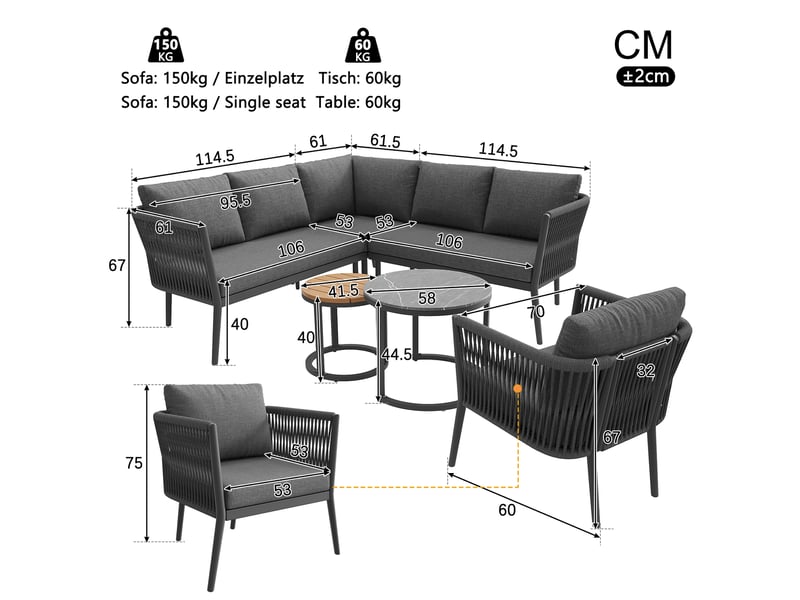  Salon de jardin 6 pièces gris modulable 5 à 6 places avec 2 tables, idéal pour vos espaces extérieurs  - Conforama C