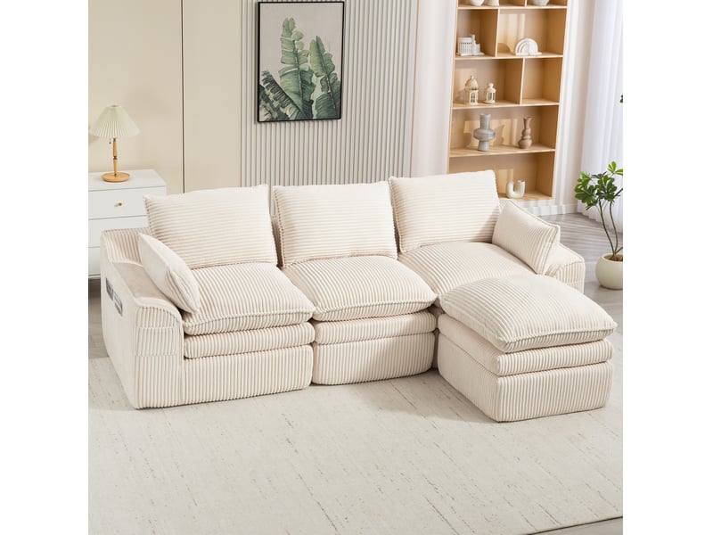 Canapé 3 places ulevr modulable avec pouf, poches latérales et coussins, velours côtelé beige, 263 x 167 x 85 cm - Conforama E