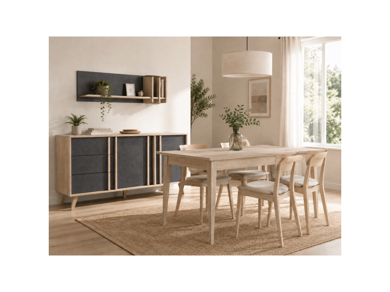  Salle à manger complète malmo avec table extensible 180-220 cm, buffet 165 cm et étagère murale – chêne clair et gris  - Conforama B