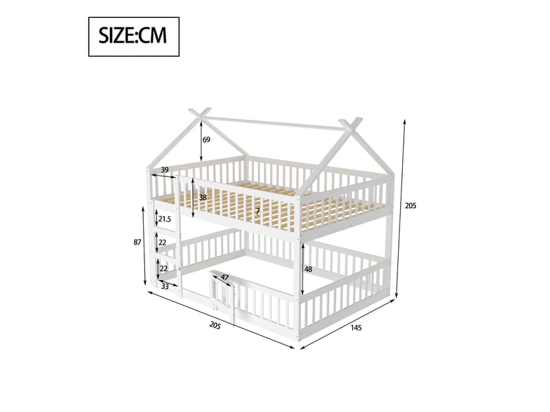  Lit superposé enfant 140x200, lit mezzanine avec escalier et toit, cadre en bois massif, lit cabane blanc avec barrière de sécurité.  - Conforama R