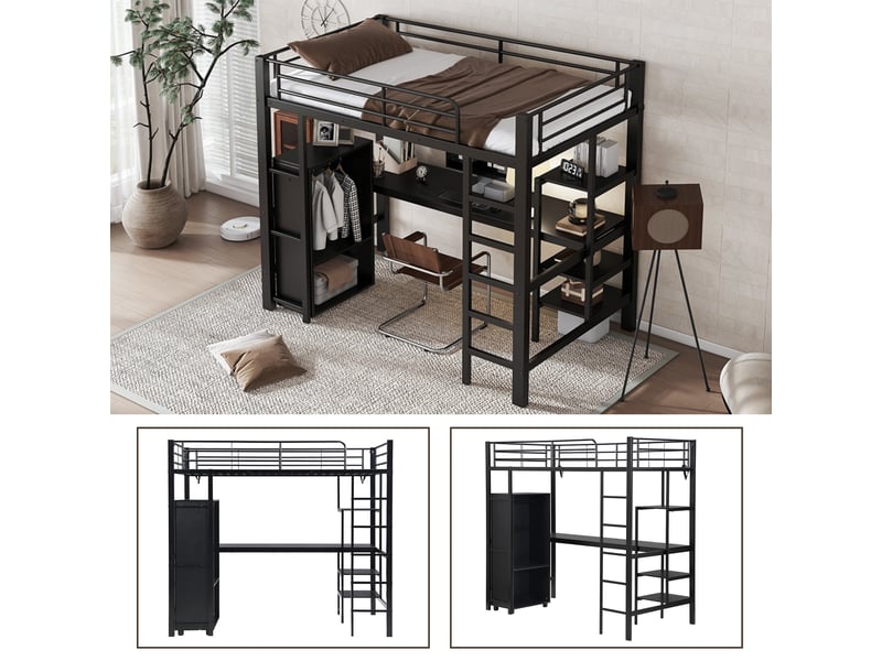  Lit étagé enfant 90x200cm noir, structure métal, bureau, penderie, rangements et échelle cinq niveaux  - Conforama D