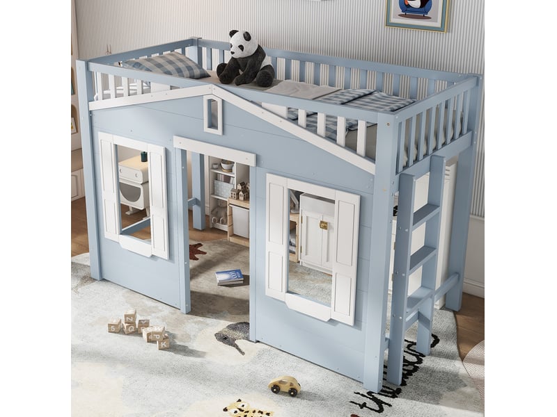  Lit mezzanine enfant 90x200 cm, rangement, escalier réversible et fenêtre décorative, mdf, blanc et bleu, sans matelas  - Conforama D
