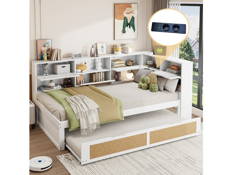  Lit banquette 90x200 cm avec lit gigogne 90x190, rangements et ports usb, blanc  - Conforama B