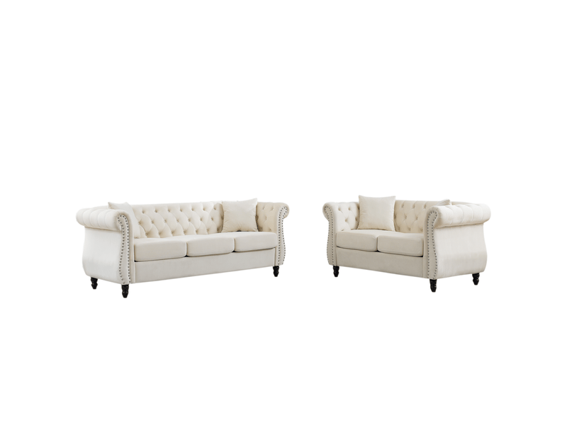  Canapé chesterfield beige en velours, 203 x 73,6 x 76 cm, pieds en hévéa, boutons capitonnés, clous argentés  - Conforama A