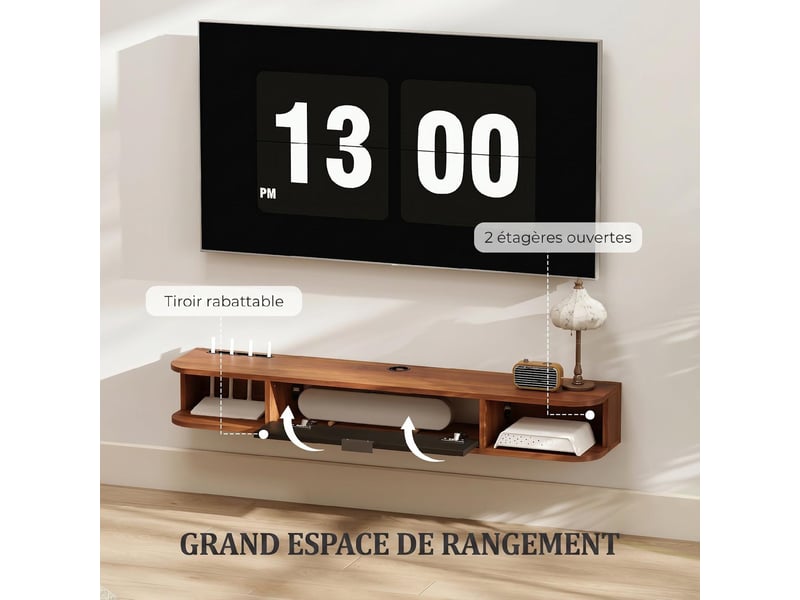  Meuble tv suspendu 1 tiroir rabattable 2 étagères coloris noyer 120 x 24 x 16 cm  - Conforama E