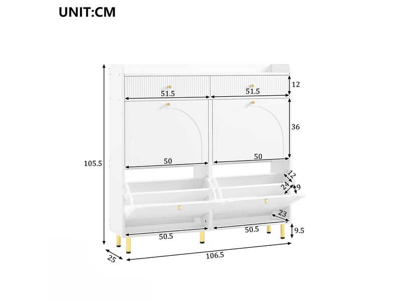  Meuble rangement chaussures étroit 4 abattants 2 tiroirs blanc 106 5x25x105 5 cm homvra  - Conforama E