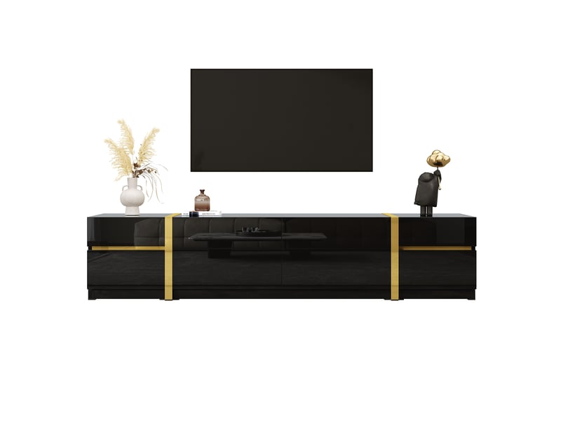  Meuble tv 180x40x38 cm avec 4 tiroirs et 2 portes mdf et panneau de particules noir  - Conforama A