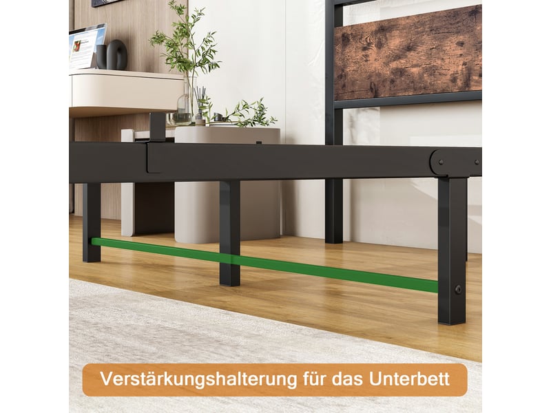  Cadre de lit, lit double 140x190 cm, rangement intégré, métal et bois brun antique, sommier à lattes  - Conforama E