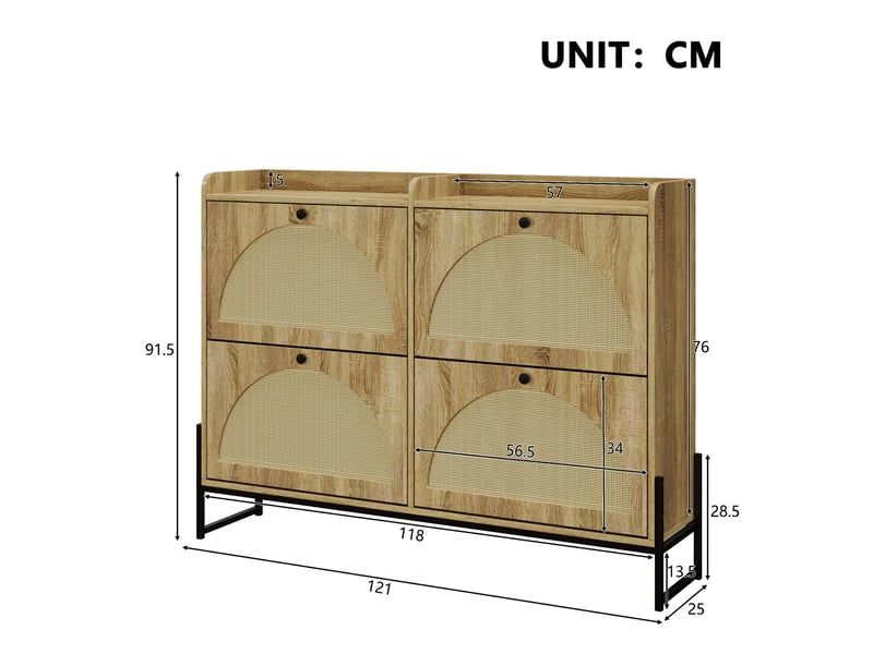  Meuble à chaussures 118x25x91,5 cm, 4 abattants, rangement réglable et façades effet rotin, pour entrée et couloir - naturel  - Conforama C