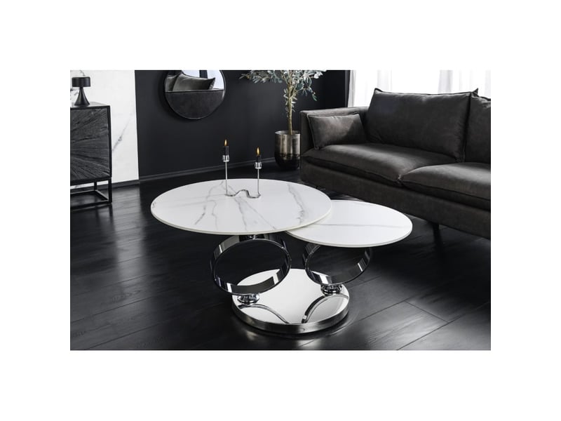  Table basse solyne 133 cm blanche effet marbre avec plateaux rotatifs et structure argentée  - Conforama C