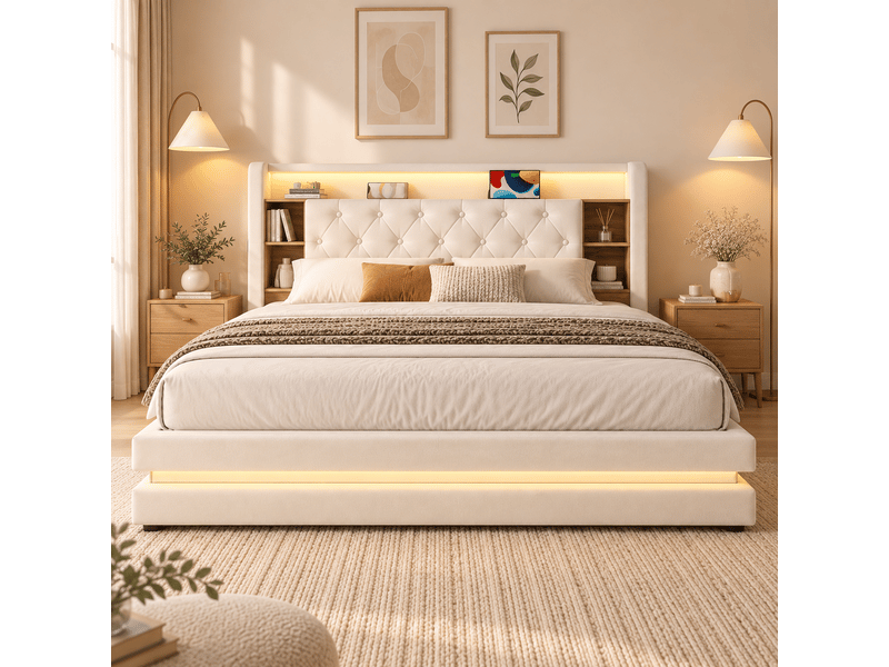  Lit coffre 180x200 lit rembourré avec tête de lit multifonction, led, 2 usb et usb-c, sommier à lattes, velours blanc écru Morn Vibe - Conforama D