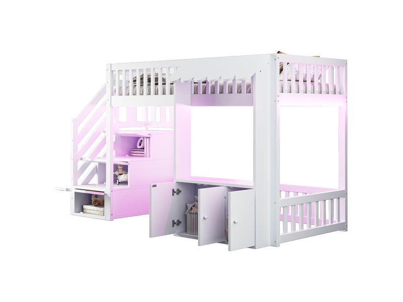  Lit mezzanine en bois 90×200 cm blanc pour enfant avec armoire, échelle de rangement, led et sommier  - Conforama A