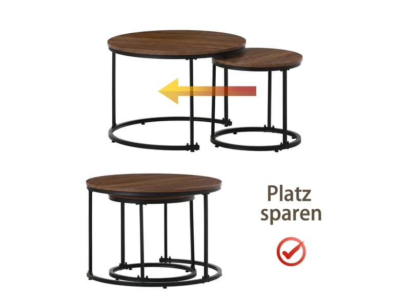  Tables basses gigognes rondes lot de 2 en mdf avec cadre en métal, finition noyer et noir pour salon contemporain  - Conforama E