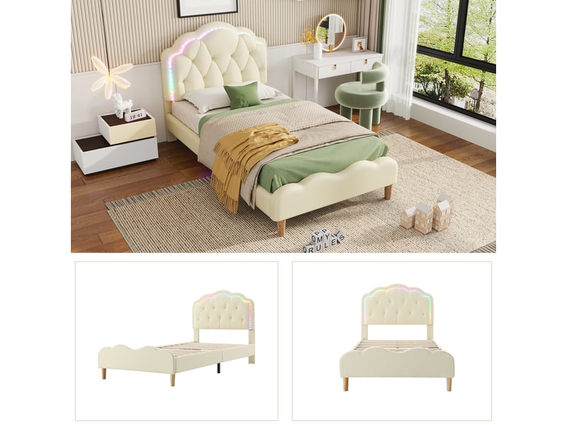  Lit simple enfant 200×90 cm avec tête de lit ondulée et éclairage led multicolore, sans matelas, en pu beige  - Conforama E