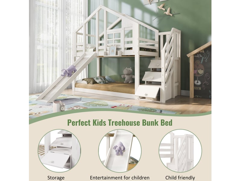 Lit superposé enfant 90x200 cm – blanc – cabane, toboggan, rangements et 2 sommiers à lattes - Conforama E