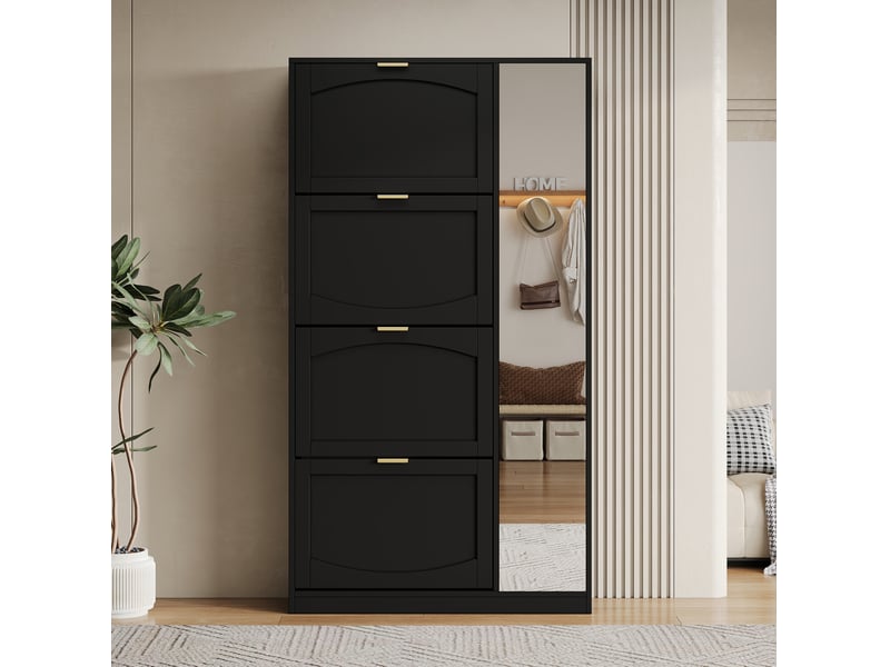 Meuble à chaussures avec miroir, 4 compartiments pliants et étagère réglable pour entrée, noir, 80 × 147 × 24 cm - Conforama B