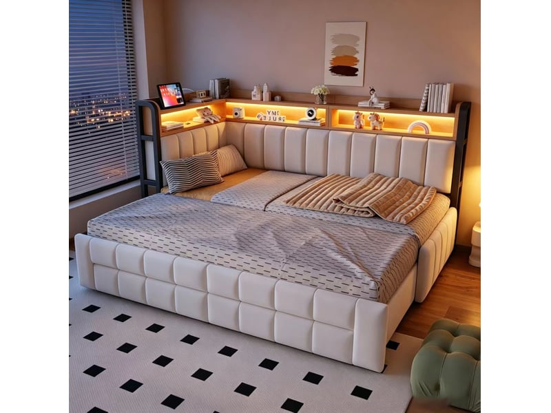  Canapé-lit, 90 x 200 cm, 180 x 200 cm avec rangements, led, matelas non inclus, mdf et bois et métal, coloris beige  - Conforama D