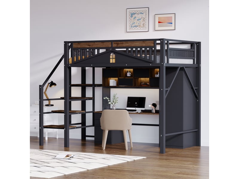  Lit mezzanine 140x200cm coloris noir métal et bois massif lit enfant noir - Conforama E